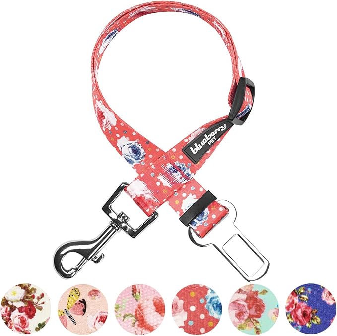 Blueberry Pet 8 Patterns Spring Scent Inspired Rose and Polka Dot Print Brink Pink Adjustable Dog Seat Belt Tether for Dogs Cats, Durable Safety Car Vehicle Seatbelts Leads Use with Harness