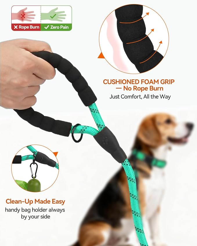 Joytale Rope Dog Leash for Small Dogs, Padded Handle, 6FT, Turquoise | Reinforced Nylon Webbing, Comfort Grip Eases Hand Strain, Swivel Clip Prevents Tangles, Visible at Night, for Outdoor Walks
