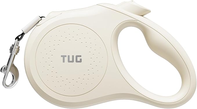 TUG Quest Retractable Dog Leash | 360° Tangle-Free Retraction | 16 ft Strong Nylon Tape (Large, Cream)