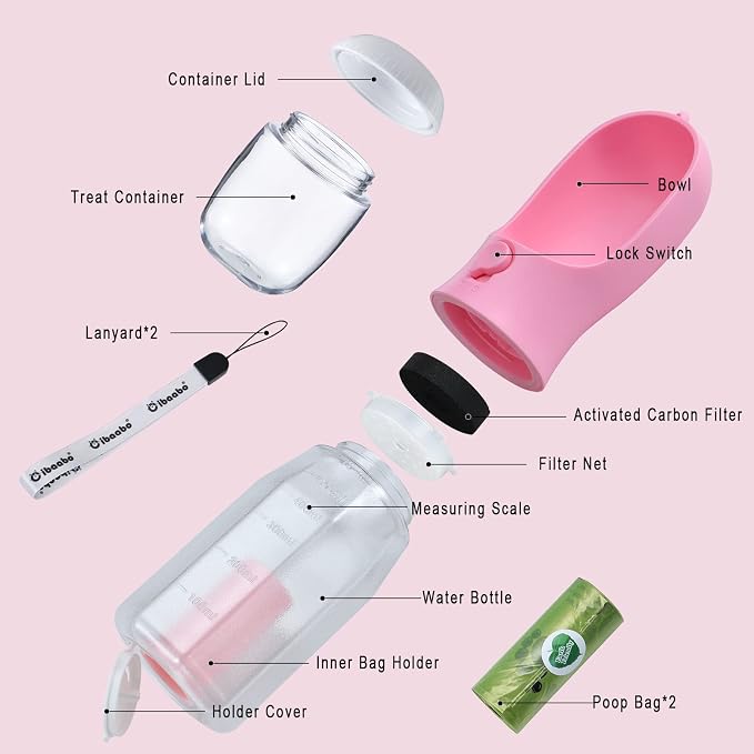 Cibaabo Dog Water Bottle with Food Container & Poop Bag Holder