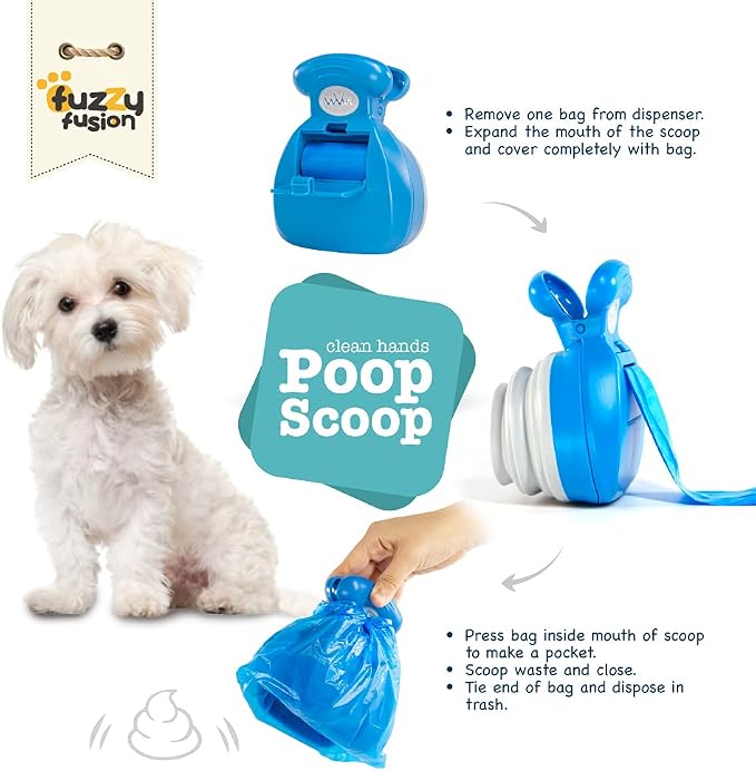 Dog Poop Scoop with Waste Bag Dispenser - BLUE, 10 Refill Bags and Expandable Silicone Body - Compact Portable Design for Easy Storage by Fuzzy Fusion (A Grand Fusion Company) (Blue)
