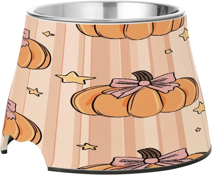 Blueangle Elevated Dog Bowls with Stainless Steel - Non-Slip 2.3 Cup High Capacity Pet Dish for Spinal Health & Pumpkins with Bows Design（154）