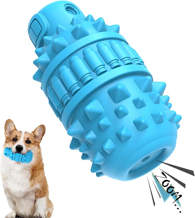 PIFFZEDO Natural Rubber Squeaky Dog Chew Toy for Medium Aggressive Chewers | Indestructible squeak toy, tough chew toy for power chewers, birthday gift, cleans tartar, azure medium size