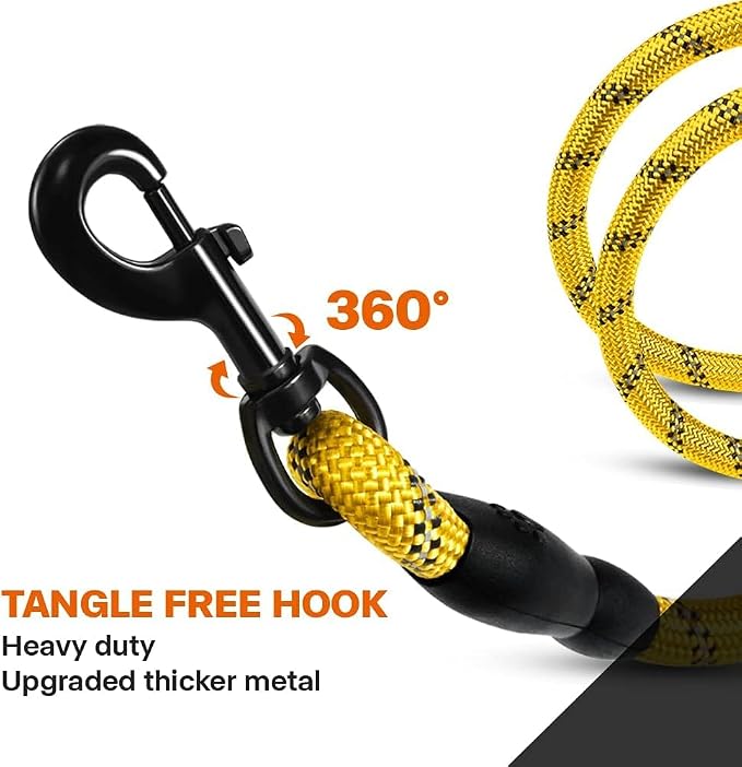 Taglory Rope Dog Leash for Medium Large Dogs, 5 FT Padded Handle, Yellow | Climbing Rope for Strong Pullers, Reflective for Night Walks and Training, Comfortable Grip, Anti-tangle Swivel Clip 1/2 inch