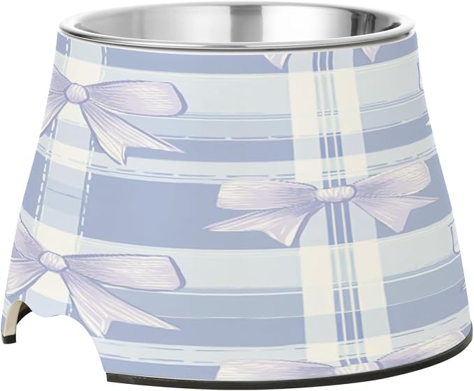 Blueangle Elevated Dog Bowls with Stainless Steel - Non-Slip 2.3 Cup High Capacity Pet Dish for Spinal Health & Blue Bows Plaid Design（551）