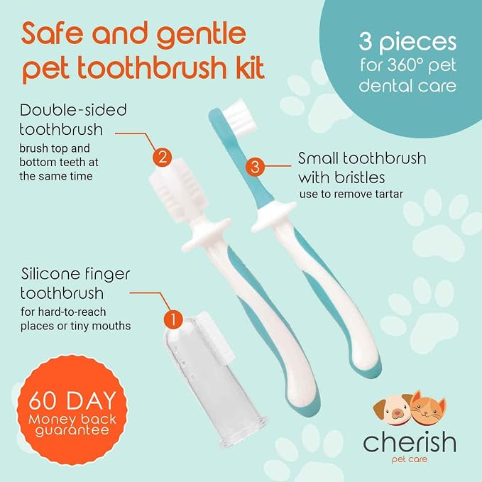 Cherish Pet Care Dog Teeth Cleaning Kit - 3pcs: Finger Toothbrush, Double-Sided Toothbrush, Fresh Breath & Plaque Removal