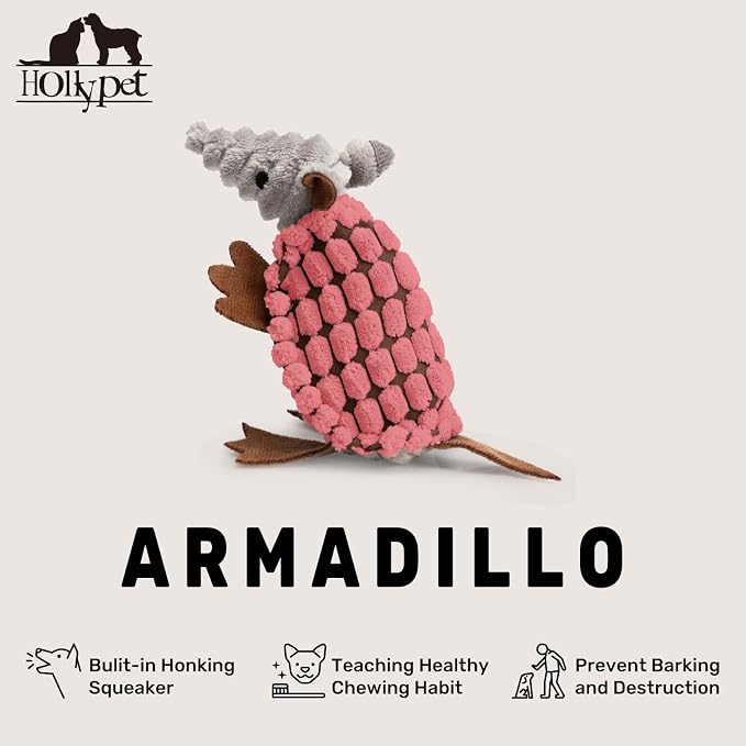 Hollypet Armadillo Squeaky Puppy Dog Toys for Small Medium Dogs, 6" | plush stuffed small dog squeak animal toy with unique grunt squeaker textured fabric for teeth cleaning toys