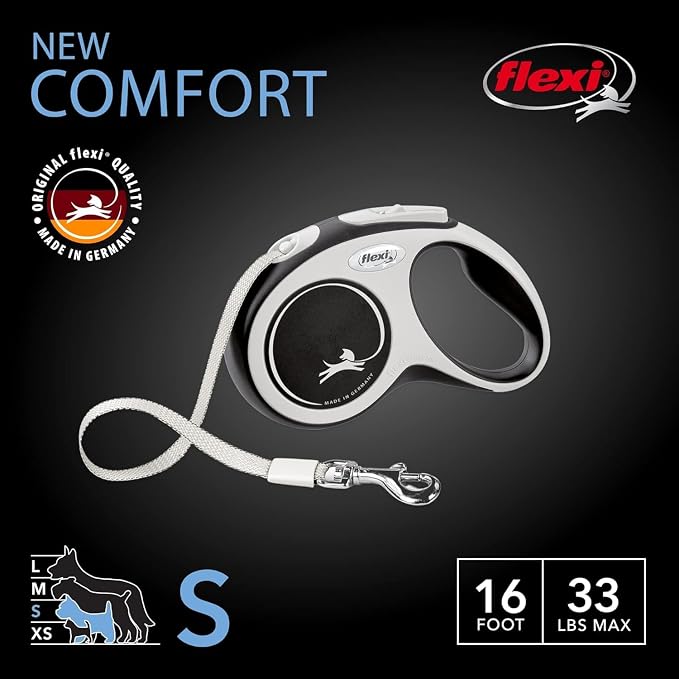 FLEXI® Comfort Tape Retractable Dog Leash, Small, 16 ft - Grey/Black | German engineered, original flexi leash, durable quality for dogs up to 33 lbs, tangle-free, walking, reliable brake system