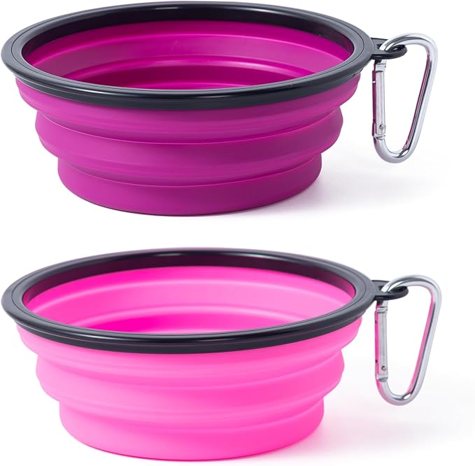 Dog Bowl Collapsible, 2 Pack, with Carabiners, Medium, Pink+Purple