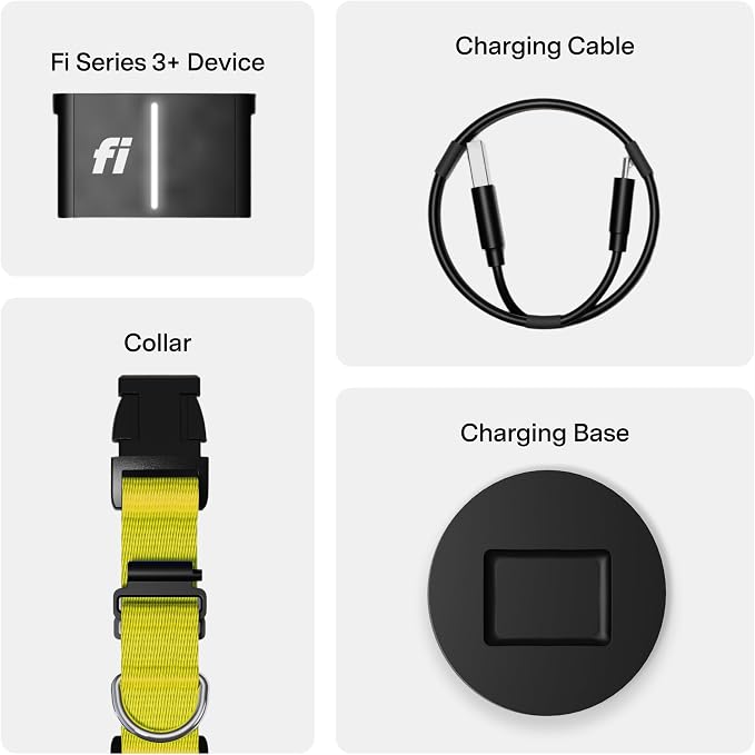 Fi Series 3+ GPS + Health Dog Collar, Yellow, Medium, 12-Month Membership | Smart GPS dog collar with live tracking, health & behavior, Escape Alerts, LED light. Waterproof and Apple Watch compatible.