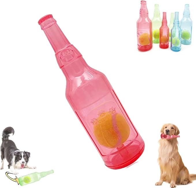 LELEBEAR Dogs Play Bottle Toy, Interactive Dog Chew Toy with Tennis Ball, Dog Toys Water Bottle Cruncher (Red, Large: 9.64 * 2.95in)