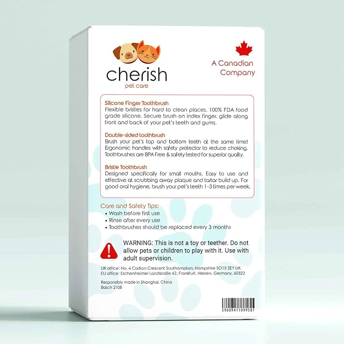 Cherish Pet Care Dog Teeth Cleaning Kit - 3pcs: Finger Toothbrush, Double-Sided Toothbrush, Fresh Breath & Plaque Removal