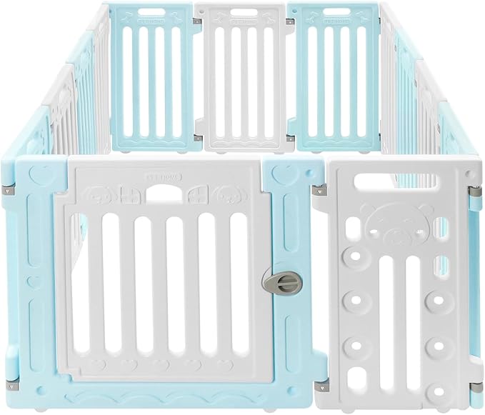 26" H Dog Playpen, 13 Panels Pet Pen with Door Heavy Plastic Pet Safety Fence for Small Medium Pets Puppy Playpen Indoor with Suction Cups Flexible Installation 40.6" X 53.5" X 25.6" (Blue)