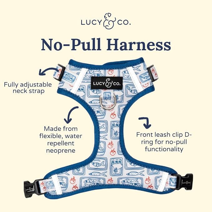 Lucy & Co. Tinned Fish No-Pull Dog Harness, Adjustable Front Clip Harness with Comfort Padding, Medium