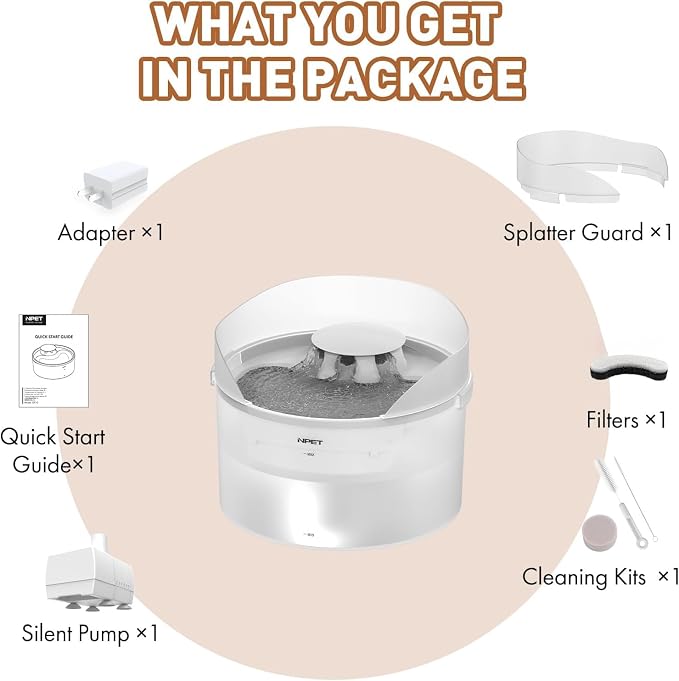 NPET Dog Water Fountain,270oz/2Gallon/8L Anti Splash Automatic Pet Drinking Fountain Super Quiet Water Feeder with Replacement Filters Easy to Clean(semi-White)