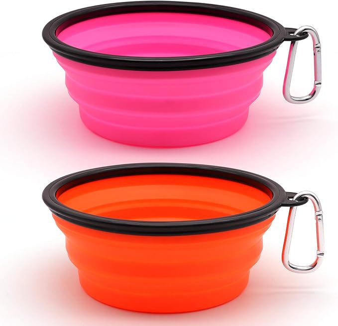 Dog Bowl Collapsible, 2 Pack, with Carabiners, Large, Orange+Pink