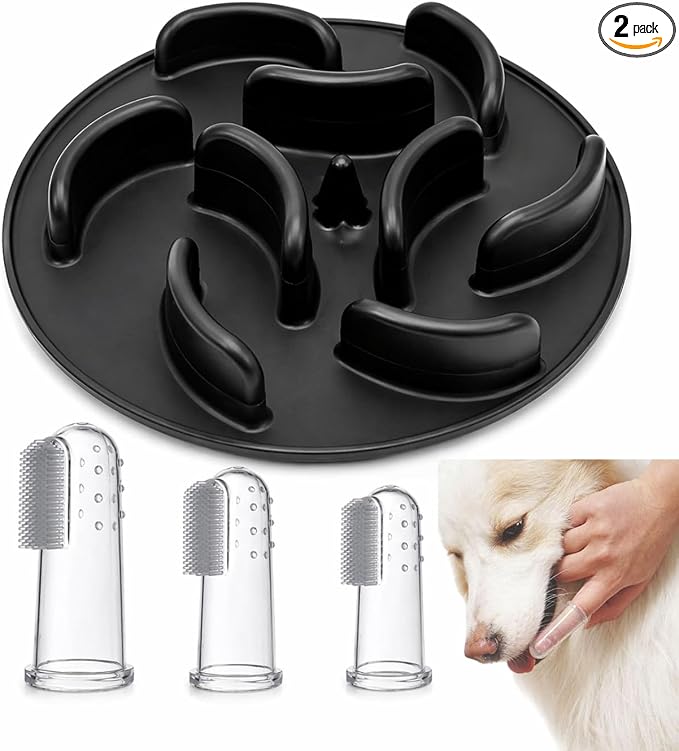 Slow Feeder Dog Bowl Insert – Silicone Anti-Choke Design with Suction Cups | Fits Most Bowls | Includes 3 Finger Toothbrushes for Pet Dental Care | Blue, Pink, Black