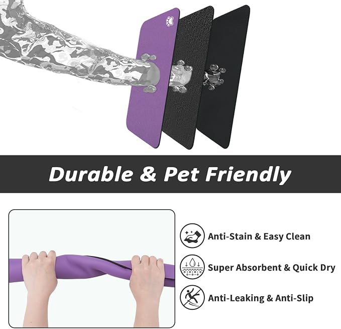 HotLive Dog Food Mat - Absorbent Cat Mat for Food and Water, No Stains Pet Feeding Bowl Mat, Easy to Clean Pet Placemats, Quick Dry Dog Water Dispenser Mat for Messy Drinkers | Paw Purple 16"x 24"