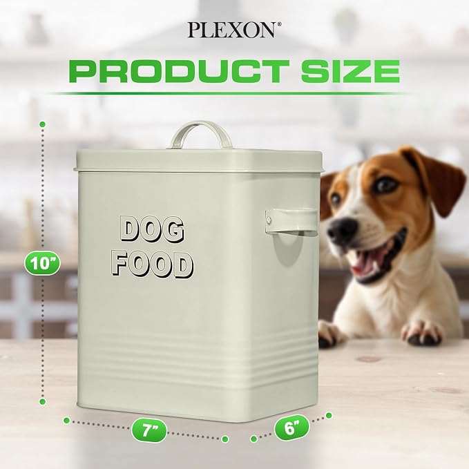 Plexon Metal Dog Food Storage Container with Scoop, 1.5 Gallon, 7 lbs, Off-White
