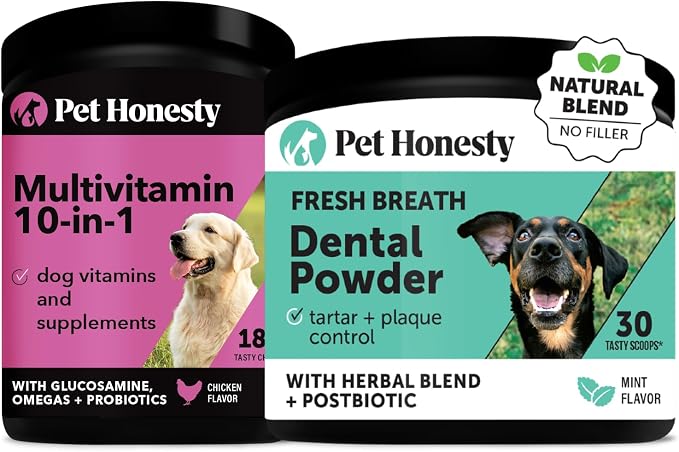 Dog Multivitamin + Dental Powder Virtual Bundle for Teeth Cleaning & Plaque Removal, 10 in 1 Vitamins for Health, Heart, and Immune Support