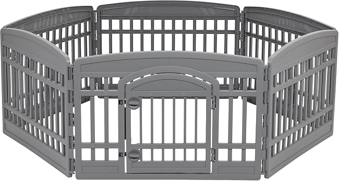 IRIS USA 24" Dog Playpen 6-Panel Pet Exercise Pen with Door Gate 61x61x24 Puppy Play Pen Indoor Outdoor Plastic Heavy Duty Foldable Portable Pet Fence for Small Medium Dogs Puppies Multiple Pets Gray