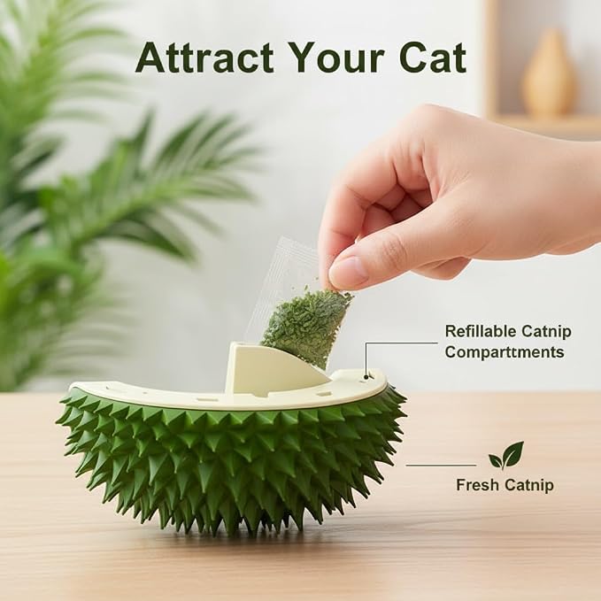 Durian Shaped Cat Self Groomer & Scratch Brush - Funny Fruit Design Cat Massage Brush for Shedding and Itch Relief, Plush Grooming Station with Handle