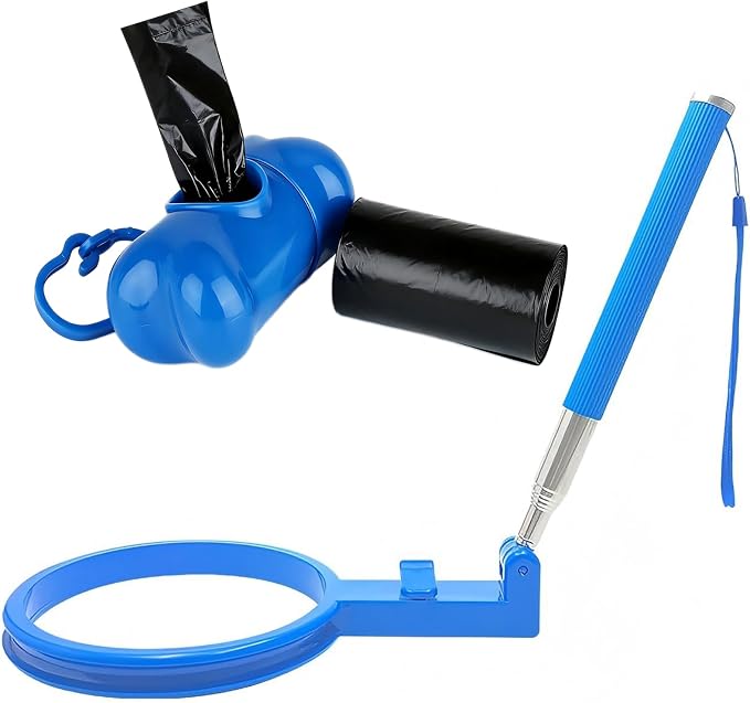 Dog Poop Scooper with Retractable 35.4 In Stainless Steel Handle, One-Click Bag Loading & Disposal, Includes Bone-Shaped Bag Dispenser & Poop Bags, Fits 9 In+ Opening Bags