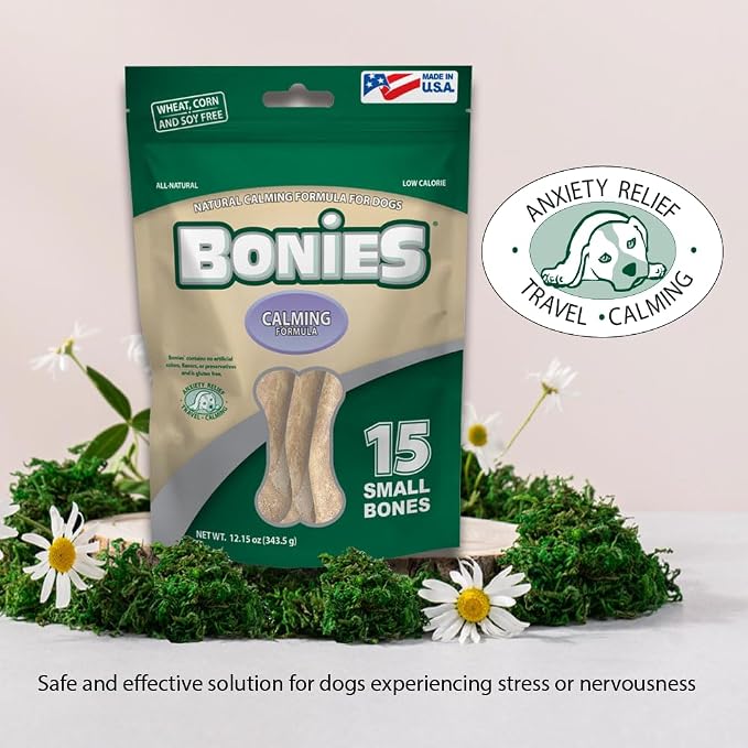 Bonies Natural Calming Formula Small-Sized Single Bone - Contains Chamomile & Lavender, Help Anxiety, Excessive Barking & Trembling, Chicken Flavor, [Small Dog], 15 Bones