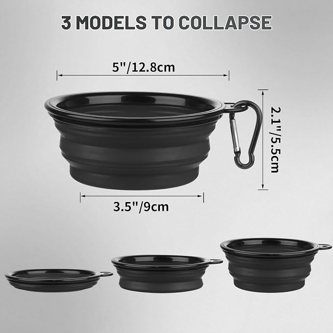 Dog Bowl Collapsible, 2 Pack, with Carabiners, Small, Black+Black