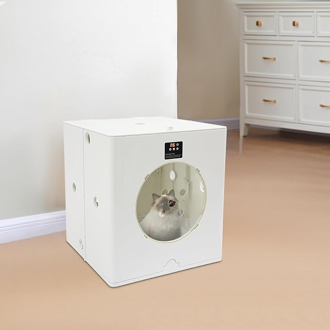 Foldable Pet Dryer Box, 88L Large Capacity Quiet Automatic Pet Hair Dryer with Adjustable Temperature Timer, 360° Warm Air Drying Cage with View Window for Home Pet Grooming, White