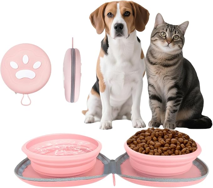 Collapsible 2-in-1 Dog Bowls, Leakproof Double Silicone, Pink