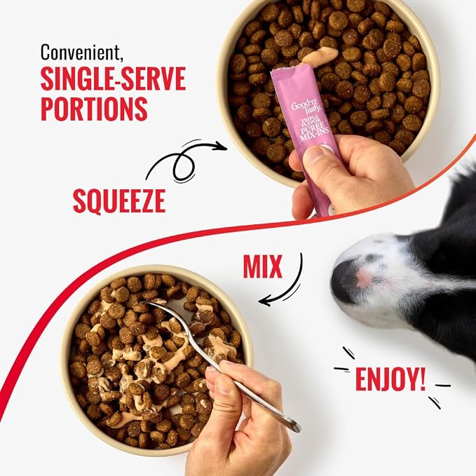 Good 'n' Tasty Triple Flavor Puree Mix-Ins Dog Food Topper Treats for All Dogs, 28 Count, Easy Single-Serve Portions, Added Protein with Salmon, Tuna and Krill, No Chicken or Beef Added