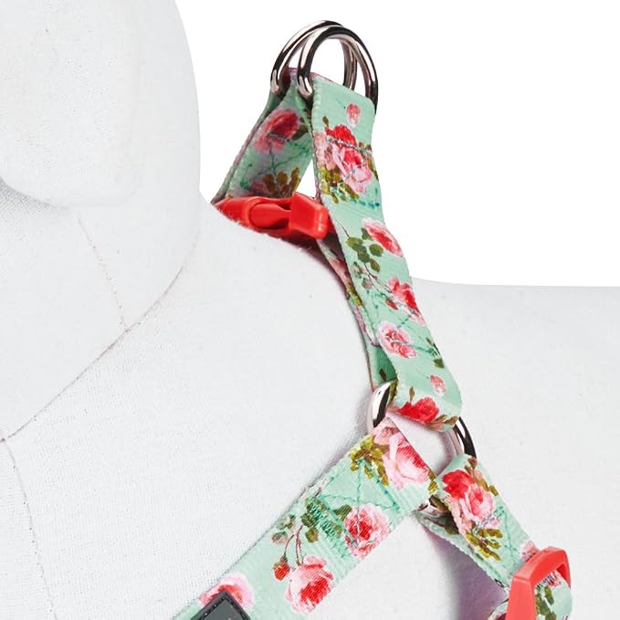 Blueberry Pet 9 Patterns Step-in Spring Scent Inspired Floral Rose Print Turquoise Dog Harness, Chest Girth 16.5" - 21.5", Small, Adjustable Harnesses for Dogs