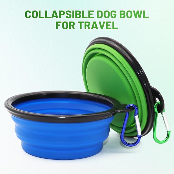 Dog Bowl Collapsible, 2 Pack, with Carabiners, Small, Blue+Green