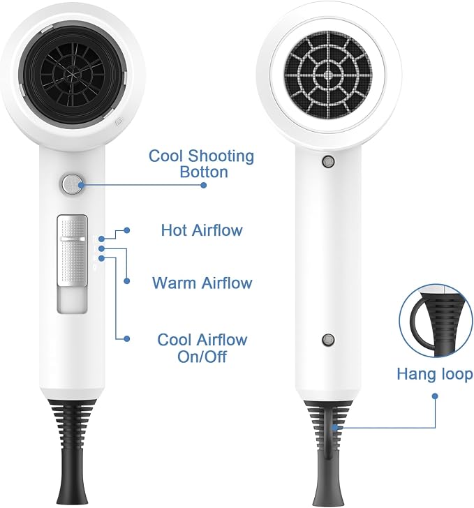 Slopehill Professional Ionic Hair Dryer, Powerful 1800W Fast Drying Low Noise Blow Dryer with 2 Concentrator Nozzle 1 Diffuser Attachments for Home Salon Travel (White)