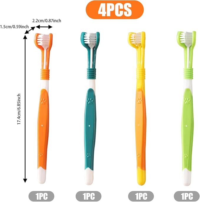 Dog Toothbrush, 3 Sided Toothbrush, 4PCS Triple Head Dog Toothbrushes for Dogs Dental Care with Soft Bristles,Cleaning Brushes with Long Handle for Dog Cat Oral Dental Health