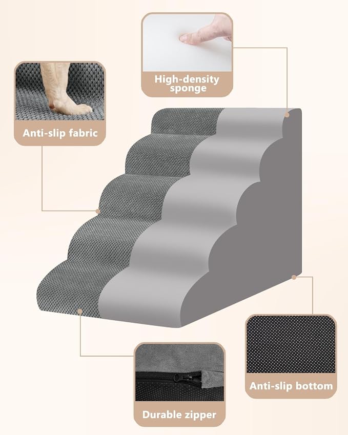 Aodisman Dog Stairs for High Bed,5 Step Dog Ramp for Small and Medium Dogs,Pet Stairs with Non-Slip Bottom for Puppy, Older Cat,Indoor Pet Steps,Comfort,Durable,22.4" H,Grey