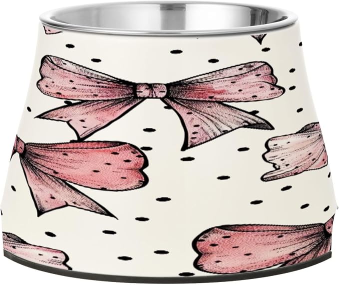 YETTASBIN Bow Pink Elevated Dog Bowls, Prevention of Vertebrae Disease Raised Dog & Cat Bowl Stand with Removable Stainless Steel Bowls, Non-Slip Spill-Proof Pet Food & Water Bowl Dish