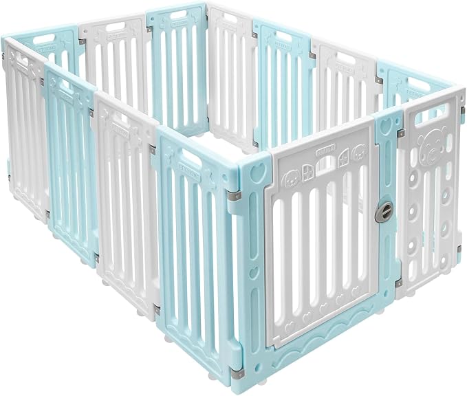 26" H Dog Playpen, 13 Panels Pet Pen with Door Heavy Plastic Pet Safety Fence for Small Medium Pets Puppy Playpen Indoor with Suction Cups Flexible Installation 40.6" X 53.5" X 25.6" (Blue)