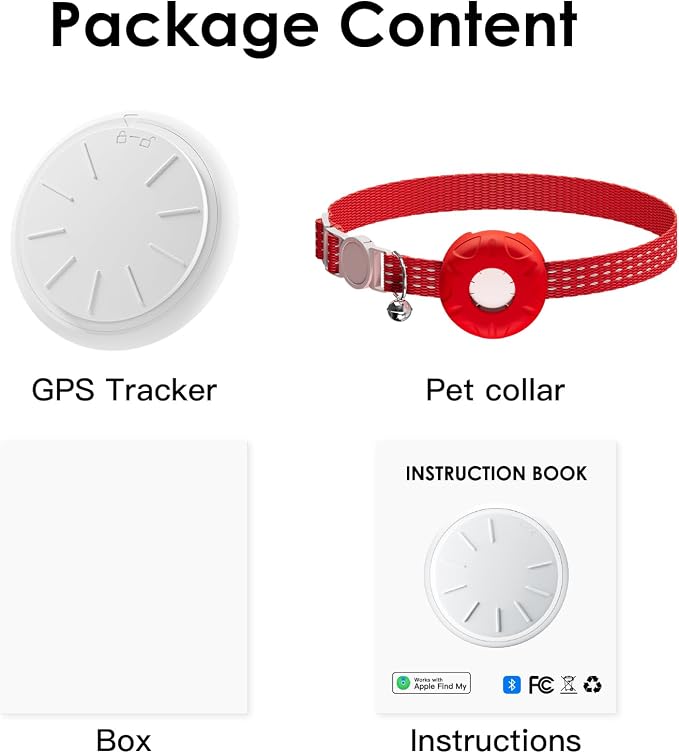Cat Tracker, GPS Tracker Compatible with Apple Find My App(Only iOS), Waterproof Cat Tracker Collar with Bell and Safety Elastic Buckle, No Monthly Fee, Territory & Location History (Red)