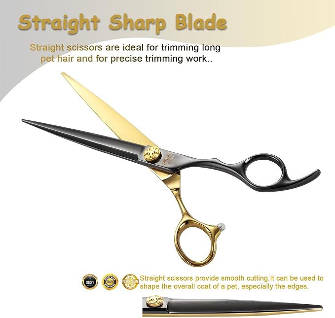 7.5'' Professional Straight Dog Grooming Scissors with Decorative Screw Sharp and Durable Black and Gold 440C Stainless Steel Dog Shears Easy Use for Groomers and Home user.