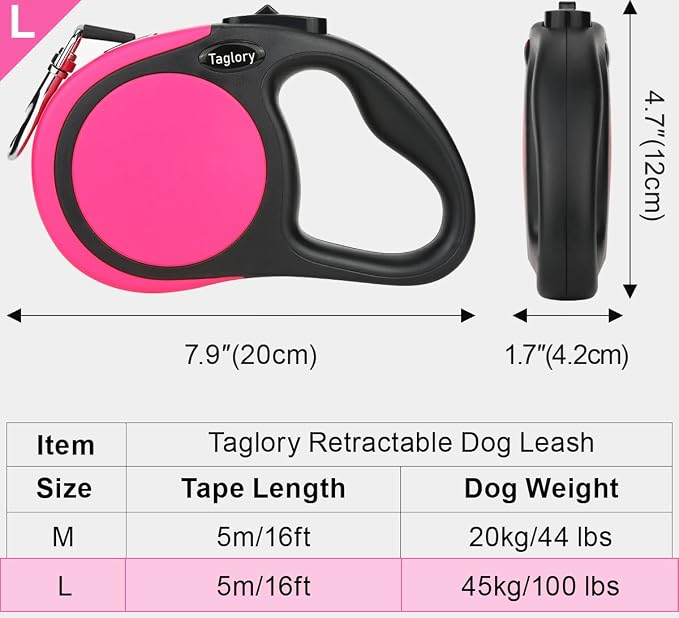 Taglory Retractable Dog Leash, One-Handed Brake, 16ft, Up to 44 lbs, Pink | More Freedom While Staying in Control, Smooth Retraction, Tangle-Free Design, Easy-Grip Handle, Daily Neighborhood Walks