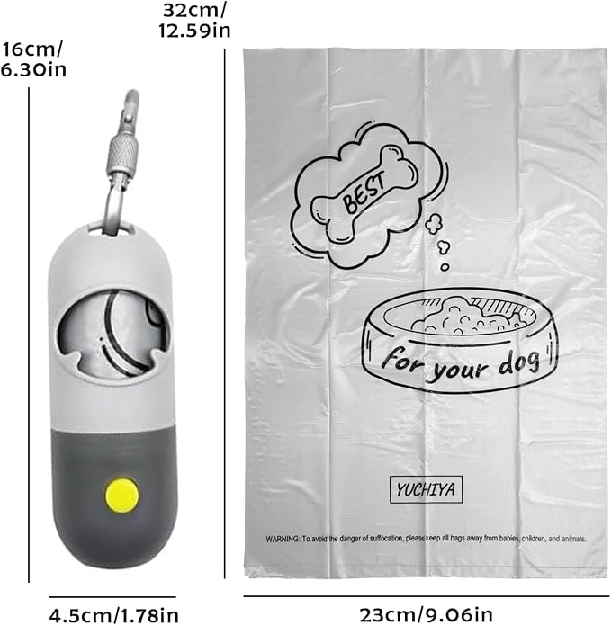 Dog Poop Bags Holder with LED Flashlight|Pet Waste Bags Dispenser for Leash|Doggie Potty Bags Container with Leak-proof Pet Trash Bags and Accessories (Light Gray, 2 Holder 30 Bags)