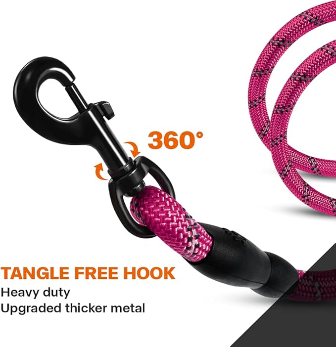 Taglory Rope Dog Leash for Medium Large Dogs, 6 FT Padded Handle, Hotpink | Climbing Rope for Strong Pullers, Reflective for Night Walks and Training, Comfortable Grip, Anti-tangle Swivel Clip 1/2 inch