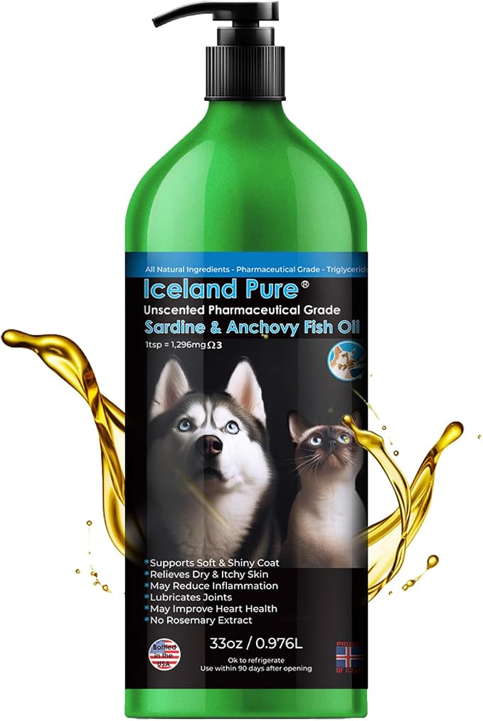 Sardine Anchovy Oil | 1296mg Omega | Unscented Pharmaceutical Grade | For Dogs & Cats | BPA-Free Brushed Aluminum Epoxy Coated Bottle with Pump 33 OZ