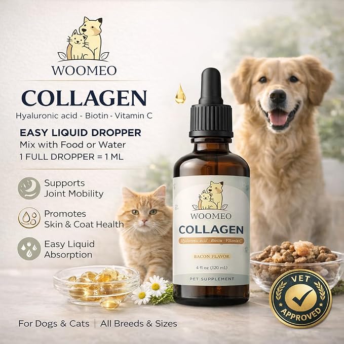 Liquid Collagen for Dogs & Cats with Hyaluronic Acid, Biotin & Vitamin C – Pet Collagen Supplement Drops, Bacon Flavor, Skin & Coat Support, Easy Liquid Dropper, 4 fl oz