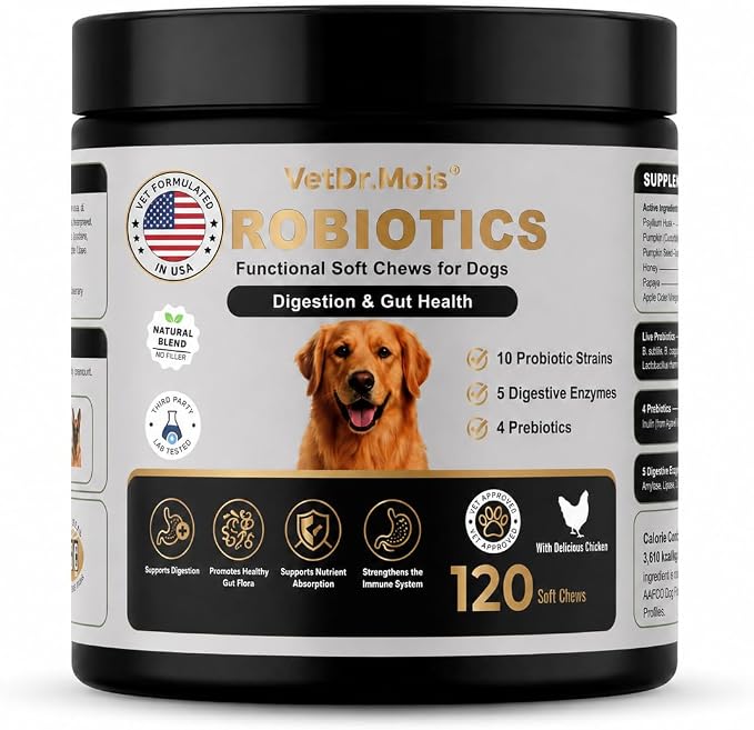 VetDr.Mois® Probiotics for Dogs, 120 Soft Dog Probiotic Chews for Dogs Gut Health Digestive & Immune Support, Dog Probiotics for Yeast Itchy Skin with Digestive Enzymes, Constipation & Diarrhea Relief