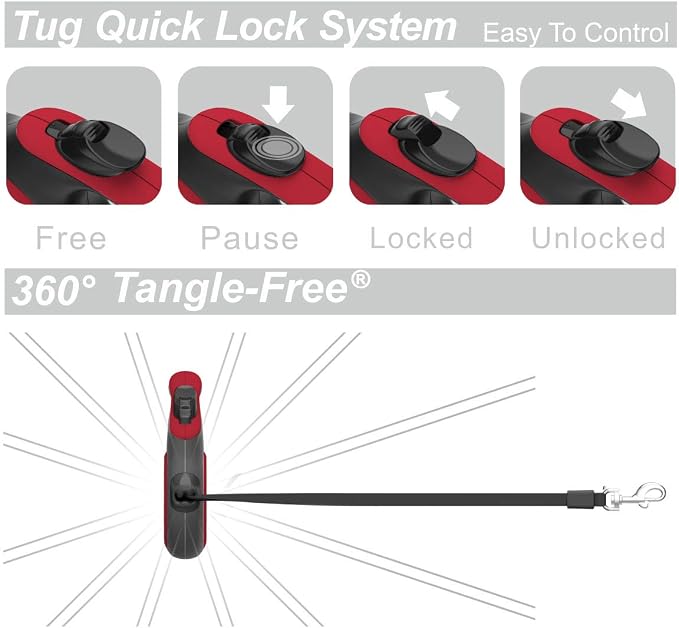 TUG Original Retractable Dog Leash, 16 ft (Medium, Red) | 360° Tangle-Free Retraction, 16 ft Tape, Quick Thumb Lock, Anti-Slip Handle, For Dogs Under 55 lbs