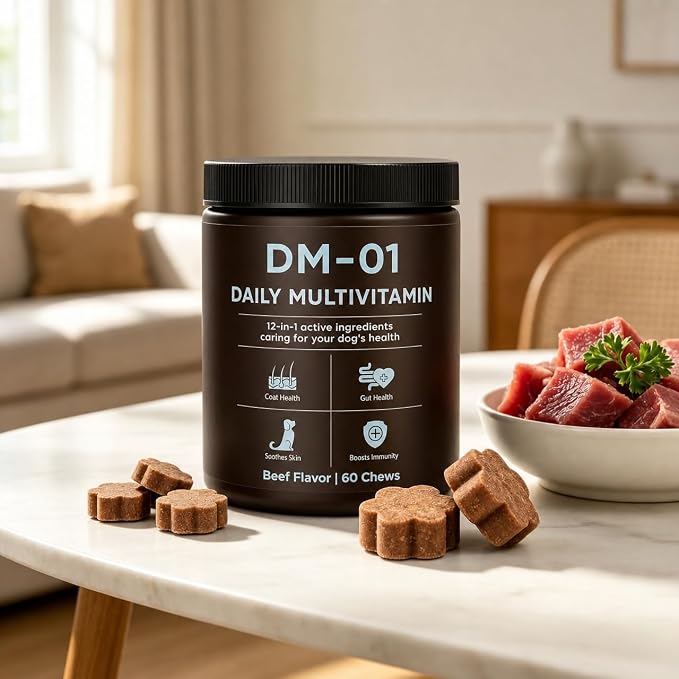 DM-01 Dog Multivitamin Chews, Daily Supplement with Salmon Oil, Chondroitin & Folic Acid, Promotes Skin & Coat Health, Digestive Aid & Immune Support, 60 Soft Chews