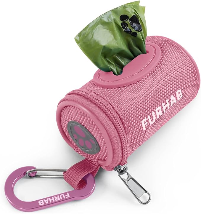 FURHAB Dog Poop Bag Holder for Leash Doggie Waste Bag Dispenser Soft Fabric Puppy Potty Carrier Small Doggy Zipper Pouch with Carabiner Clip 1680D Nylon Oxford with 1 Roll of Pet Trash Bags, Pink